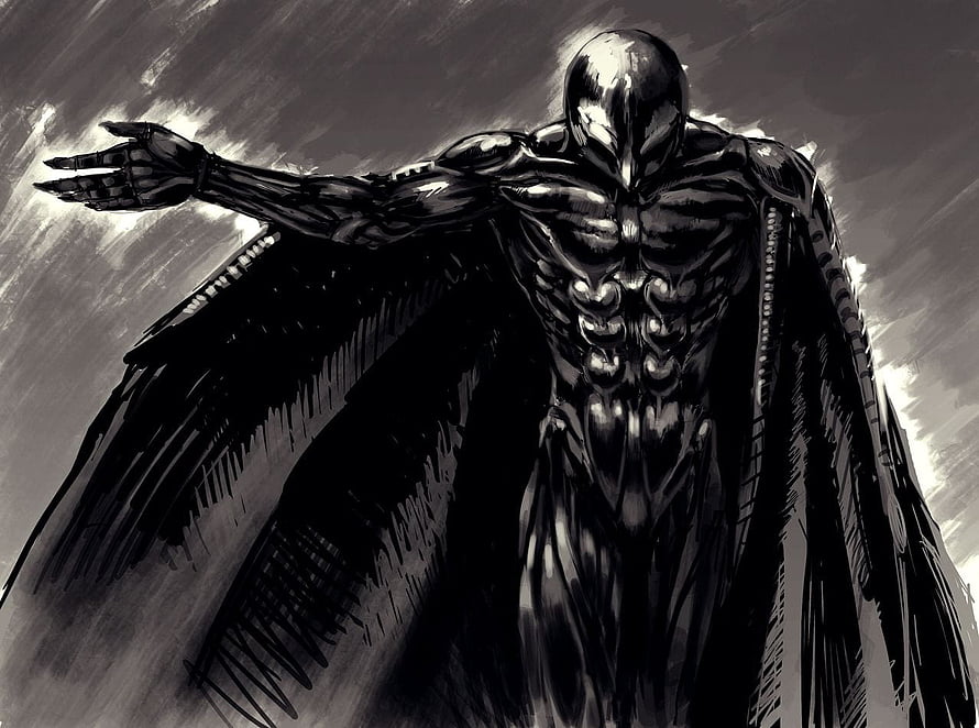 Femto from Berserk in a dramatic black and white illustration with a dark cape and outstretched arm HD wallpaper