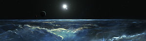 Panoramic View of a Distant Planet and Star Above a Vast Cloud Layer in Deep Space HD wallpaper