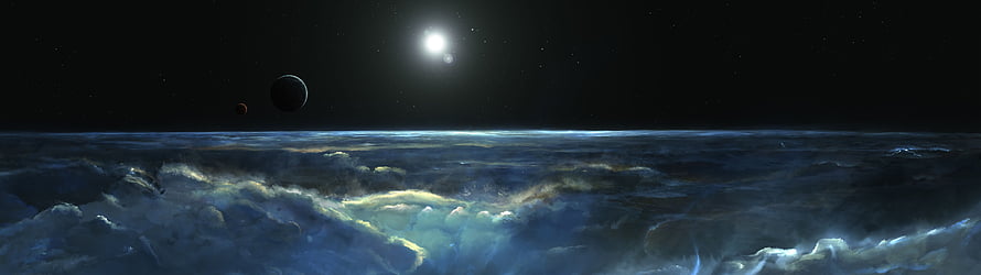 Panoramic View of a Distant Planet and Star Above a Vast Cloud Layer in Deep Space HD wallpaper