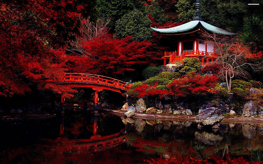 Traditional Japanese Temple and Red Arched Bridge in Autumn Foliage HD wallpaper