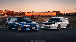 Subaru Impreza WRX STi and 22B JDM Cars Parked at Sunset HD wallpaper