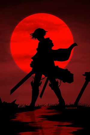 Attack on Titan Warrior Silhouette Against a Giant Blood Red Moon HD phone wallpaper