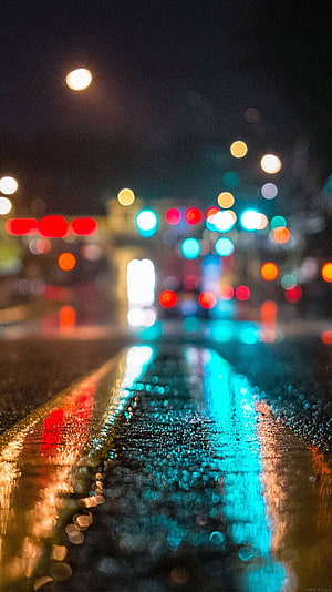 Rainy Night City Street with Colorful Bokeh Light Reflections on Wet Asphalt HD phone wallpaper