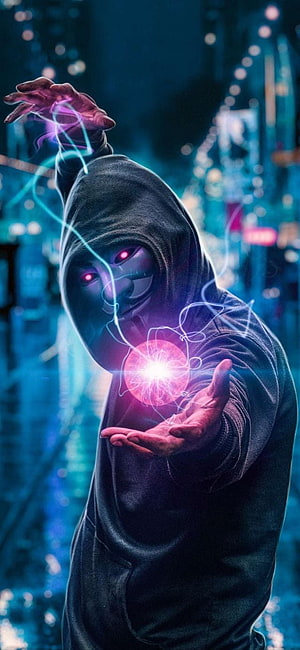Cyberpunk Hacker in Hooded Cloak Channeling Neon Energy Sphere in Futuristic City HD phone wallpaper