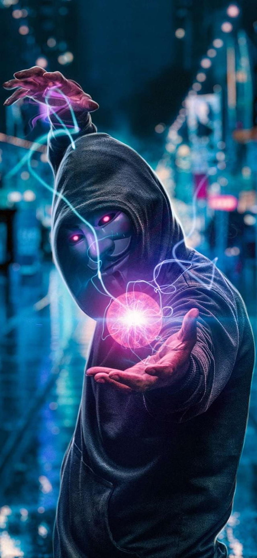 Cyberpunk Hacker in Hooded Cloak Channeling Neon Energy Sphere in Futuristic City HD phone wallpaper