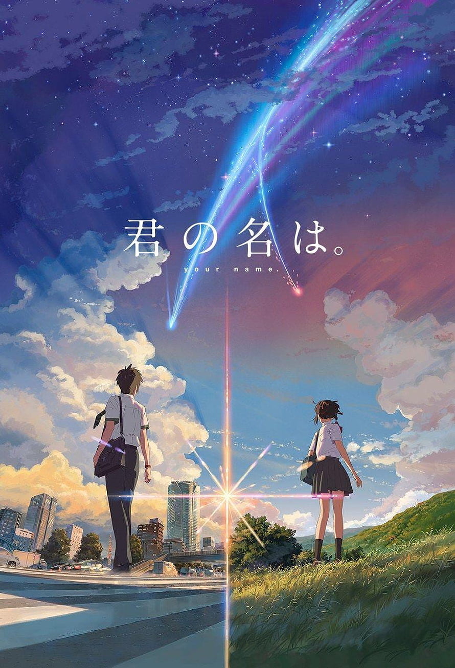 Your Name Anime Poster Featuring Tachibana and Mitsuha Under a Split Sky with Comet HD phone wallpaper