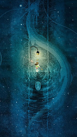 Spirited Away No-Face and Chihiro in a Dreamlike Underwater Scene HD phone wallpaper
