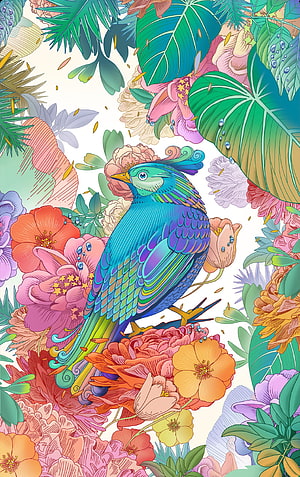 Vibrant Illustrated Bird Perched Among Tropical Flowers and Lush Green Leaves HD phone wallpaper