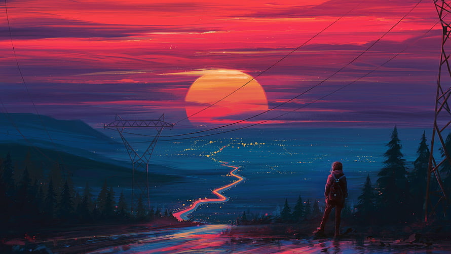 Lone Traveler Gazing at Vibrant Sunset Over Winding Road and Distant City Lights HD wallpaper
