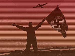 Silhouette of Soldier Holding Flag with Airplane in Red Tinted Sky HD wallpaper