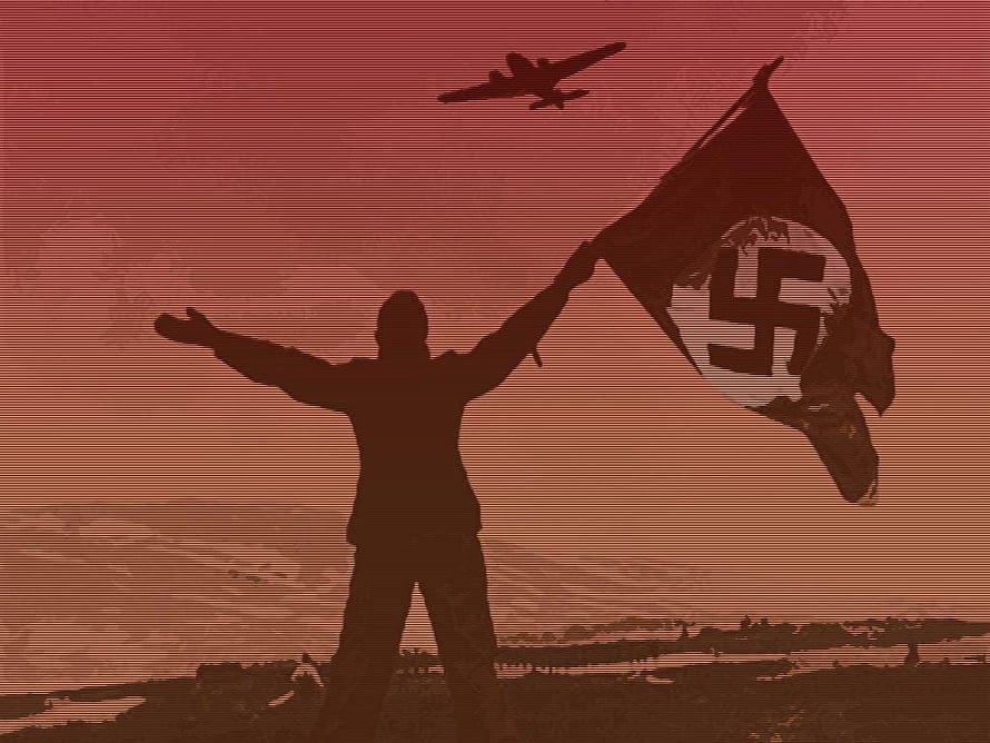 Silhouette of Soldier Holding Flag with Airplane in Red Tinted Sky HD wallpaper