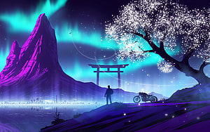 Synthwave Landscape With Torii Gate, Motorcycle, and Aurora Borealis HD wallpaper