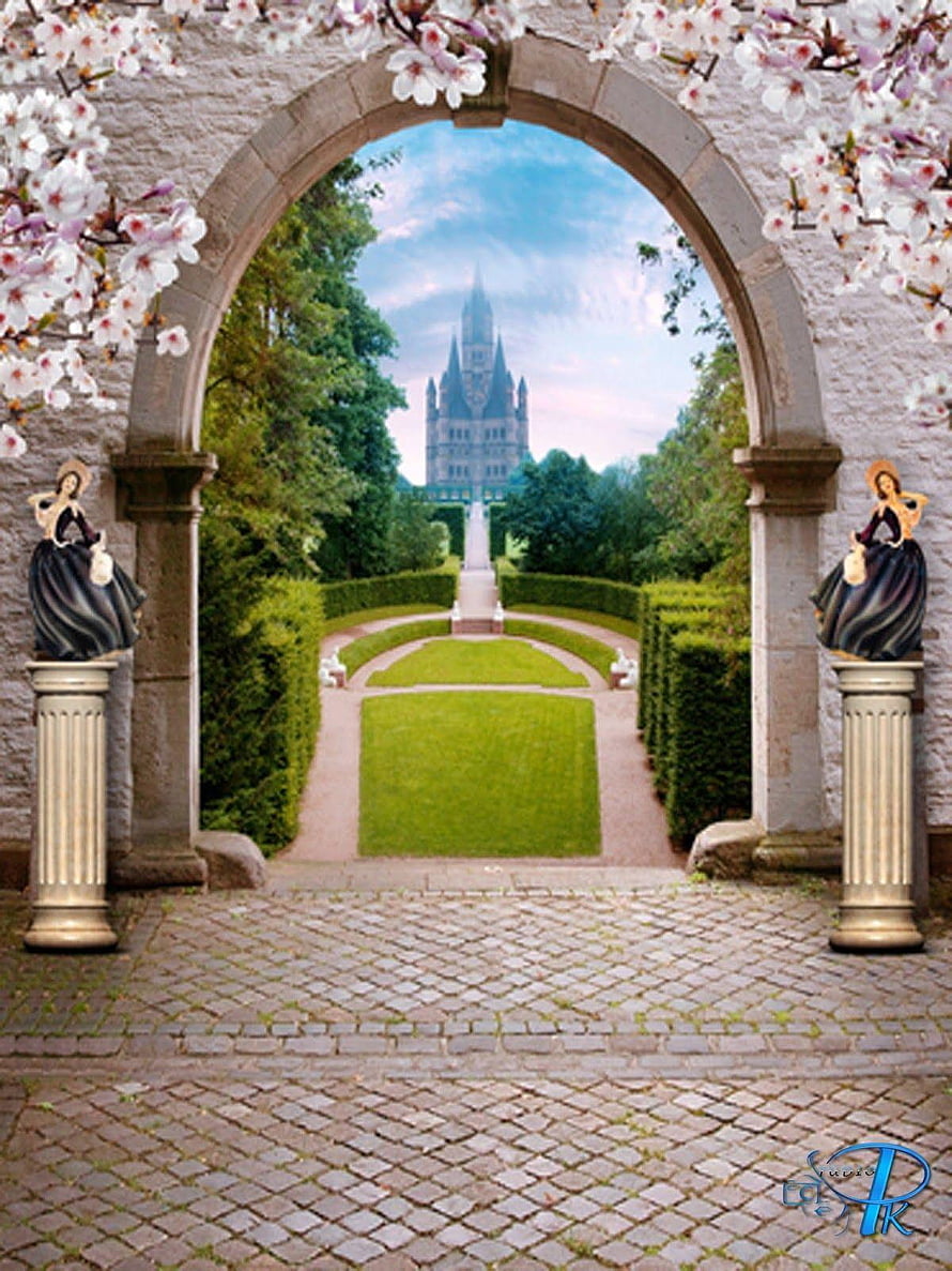 Elegant Garden Archway Framing a Distant Castle with Cherry Blossoms and Statues HD phone wallpaper