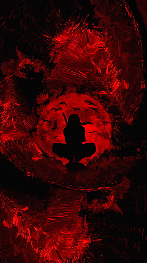 Itachi Uchiha Silhouette Meditating Before a Blood-Red Moon with Bats in a Dark Fantasy Style HD phone wallpaper