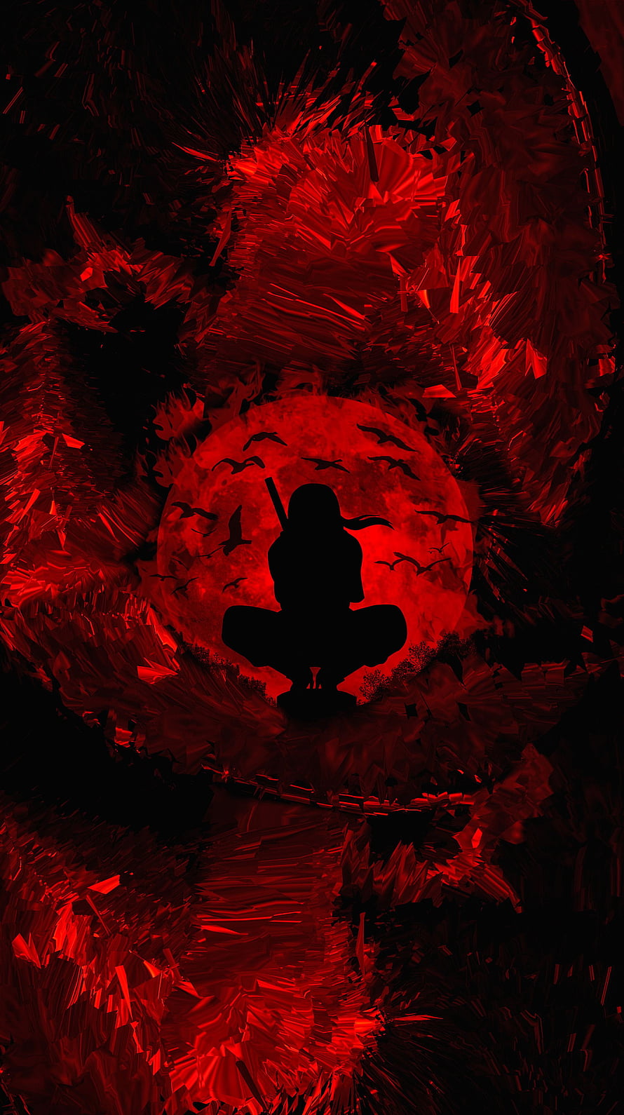 Itachi Uchiha Silhouette Meditating Before a Blood-Red Moon with Bats HD phone wallpaper