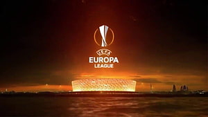 UEFA Europa League Logo Over Illuminated Stadium at Sunset HD wallpaper