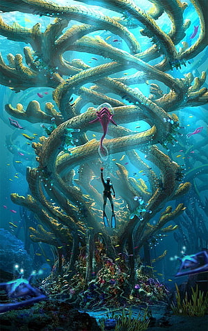 Subnautica Infinite Tree Concept Art with Diver and Jellyfish in Deep Ocean HD phone wallpaper