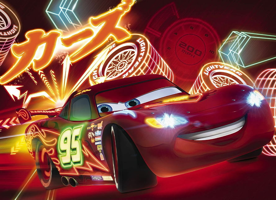 Lightning McQueen from Cars 2 in a vibrant neon-lit racing scene with glowing speed lines and Japanese text HD wallpaper