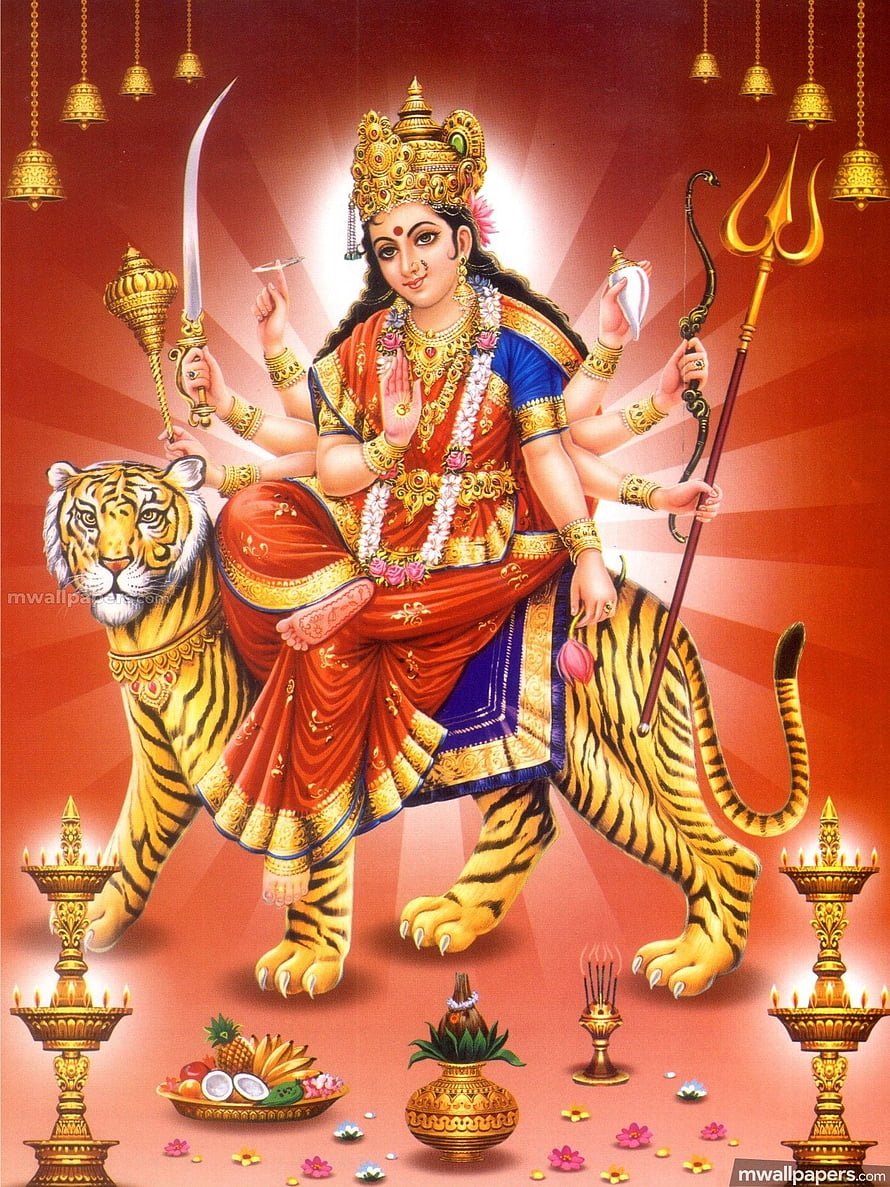 Maa Durga Devi Riding Tiger With Trident And Sword In Traditional Indian Art HD phone wallpaper