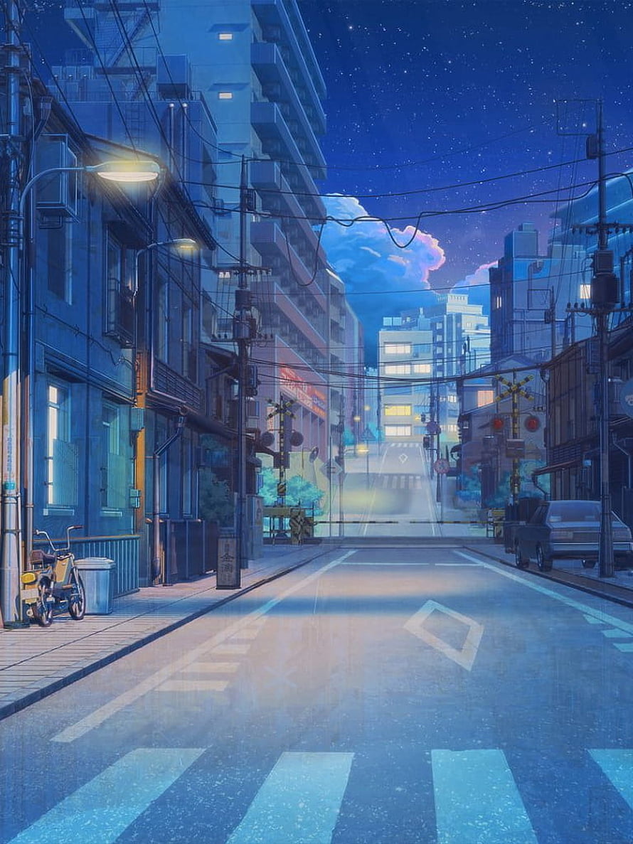 Quiet Japanese City Street at Night with Starry Sky and Soft Blue Lighting HD phone wallpaper