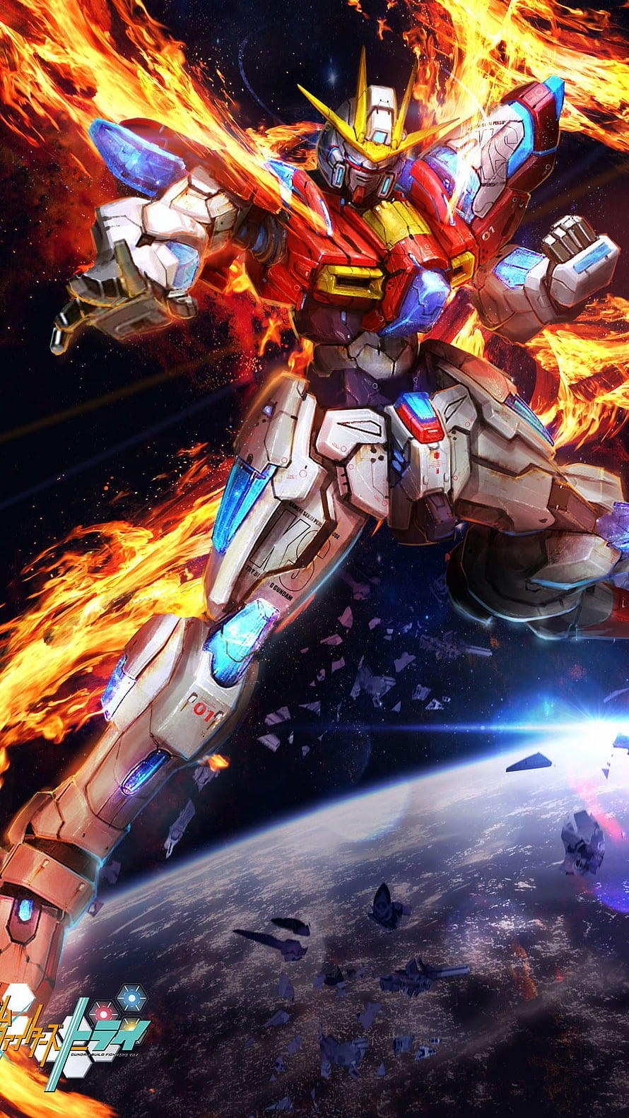 Gundam mecha in fiery space battle above planet with glowing blue armor and dramatic flames HD phone wallpaper