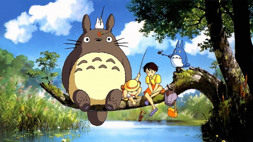 My Neighbor Totoro: Totoro, Satsuki, and Mei Fishing on a Branch in a Lush Forest HD wallpaper