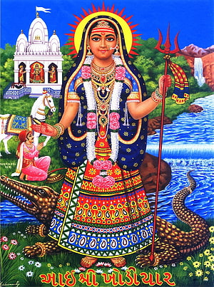 Khodiyar Maa Traditional Indian Deity Painting with Trident and Crocodile HD phone wallpaper
