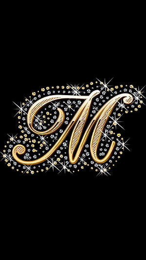 Elegant Gold Letter M Monogram with Sparkling Diamonds and Glitter on Black Background HD phone wallpaper