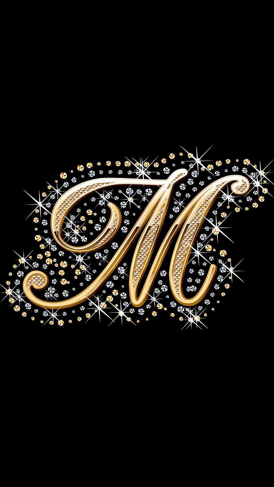 Elegant Gold Letter M Monogram with Sparkling Diamonds and Glitter on Black Background HD phone wallpaper