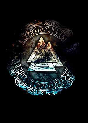 Norse Rune Circle with Viking Triangle Emblem and Mythological Landscape HD phone wallpaper