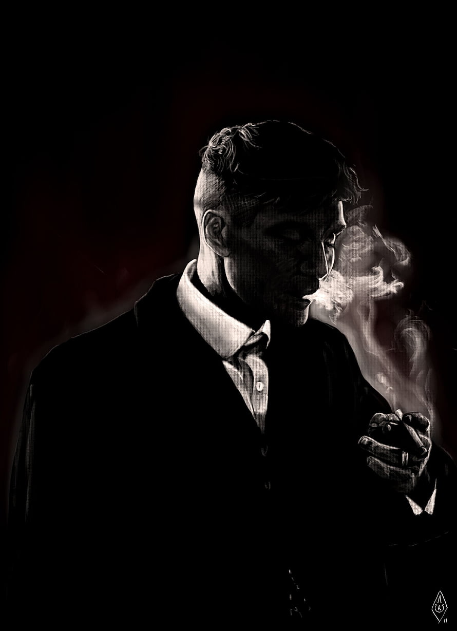 Thomas Shelby Smoking Cigarette in Dark Suit with Dramatic Smoke and Shadow HD phone wallpaper