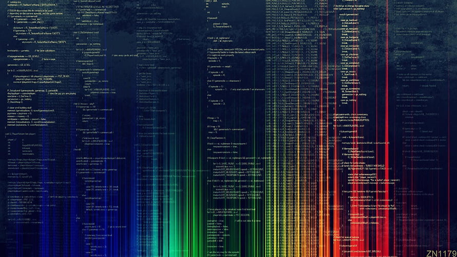 Rainbow Spectrum of Cascading Program Code on Dark Background HD wallpaper