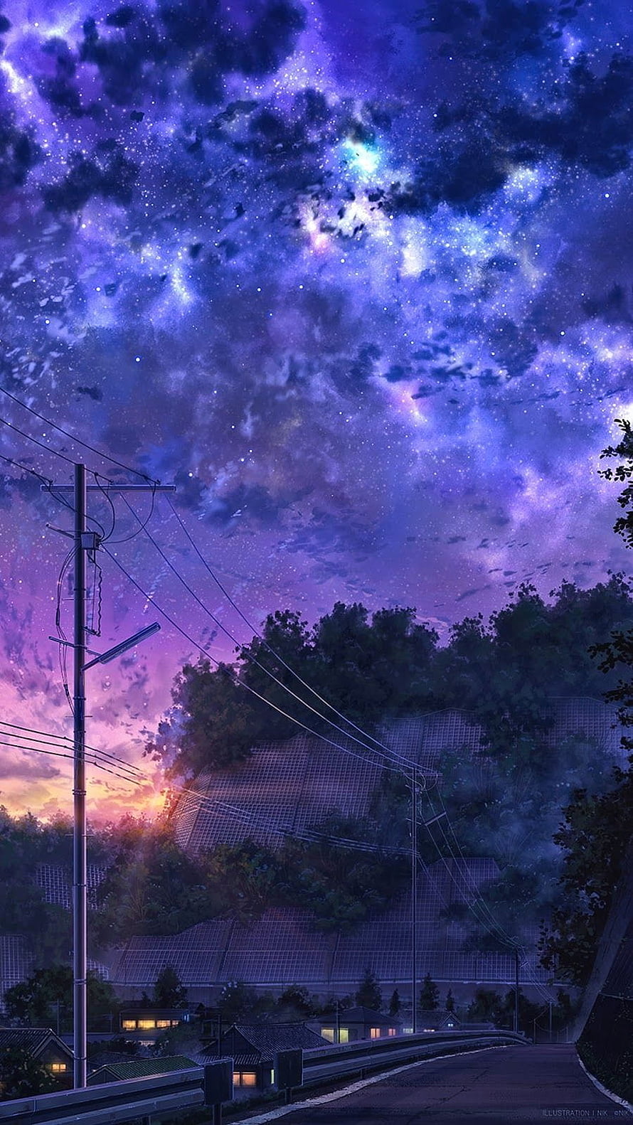 Dreamy Purple Night Sky Over Rural Road With Power Lines and Distant Village Lights HD phone wallpaper