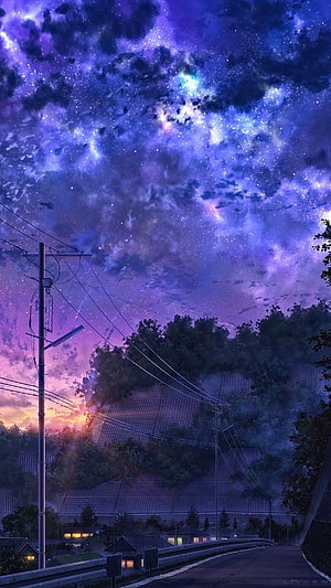 Starry Night Over Rural Road with Power Lines and Distant Village Lights HD phone wallpaper