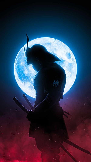 Silhouette of a Samurai Warrior Holding Swords Against a Glowing Full Moon HD phone wallpaper