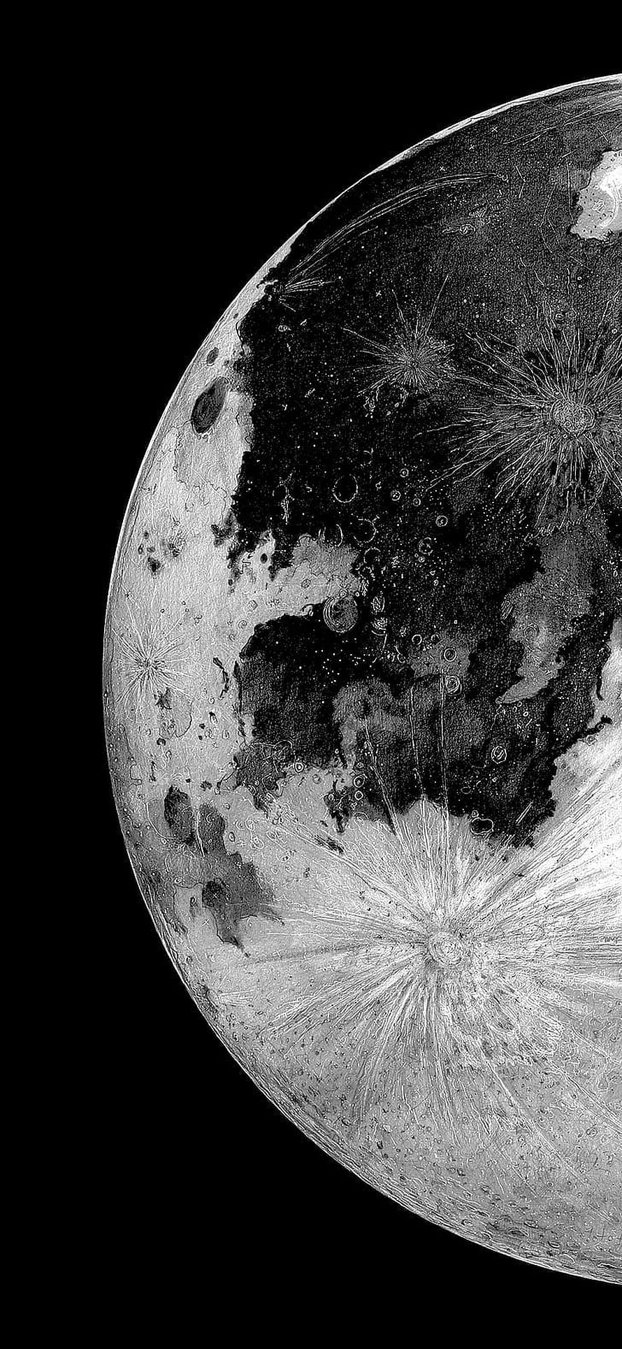 Close-up of the Moon's cratered surface with prominent ray systems against a black space background HD phone wallpaper