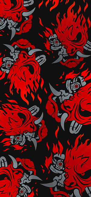 Cyberpunk 2077 Samurai Mask Pattern with Red Flames on Black Background HD phone wallpaper