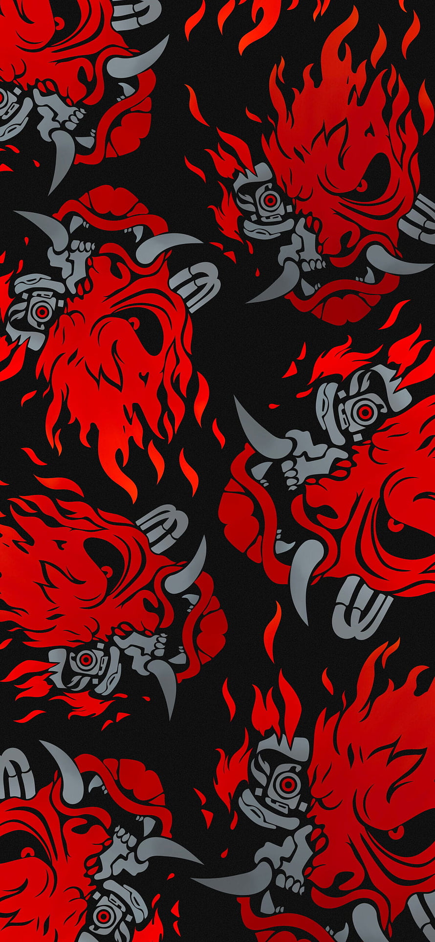 Cyberpunk 2077 Samurai Mask Pattern with Red Flames on Black Background HD phone wallpaper