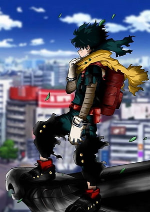 Izuku Midoriya Anime Character Standing on Pipe with City Skyline Background HD phone wallpaper