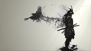 Ink Wash Samurai Warrior Silhouette With Flying Crow And Dual Swords HD wallpaper