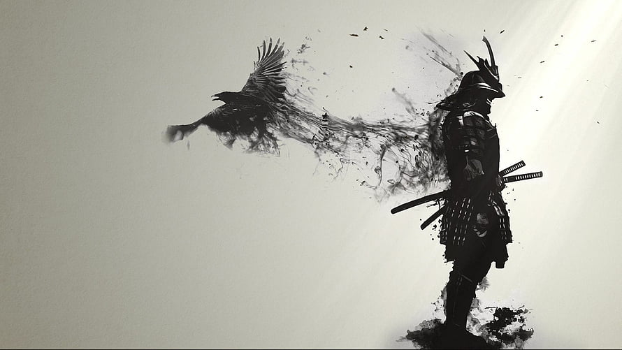 Ink Wash Samurai Warrior Silhouette With Flying Crow And Dual Swords HD wallpaper