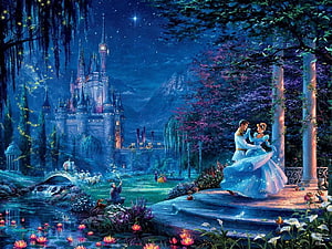Thomas Kinkade Disney Castle Night Scene with Dancing Couple in Garden HD wallpaper