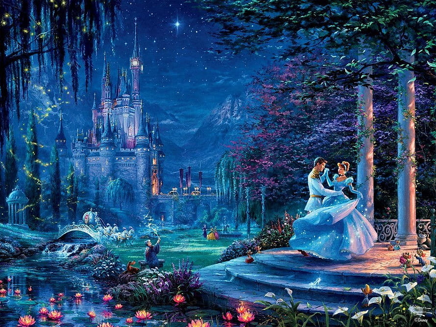 Thomas Kinkade Disney Castle Night Scene with Dancing Couple in Garden HD wallpaper
