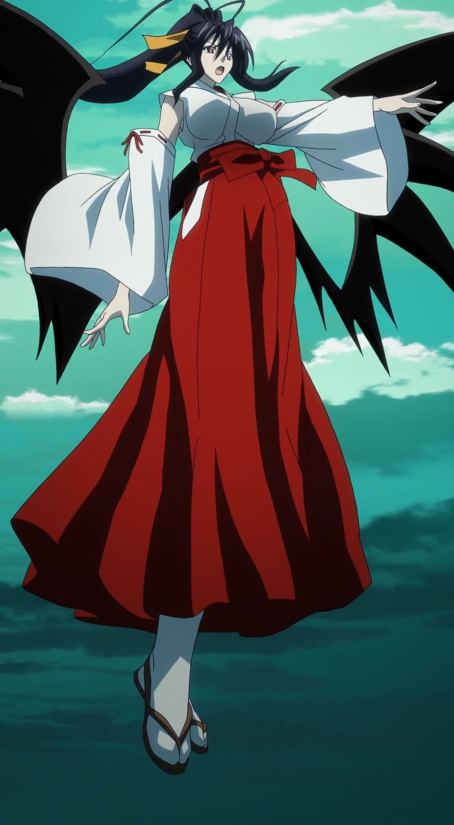 Akeno Himejima in Traditional Japanese Attire with Black Wings HD phone wallpaper