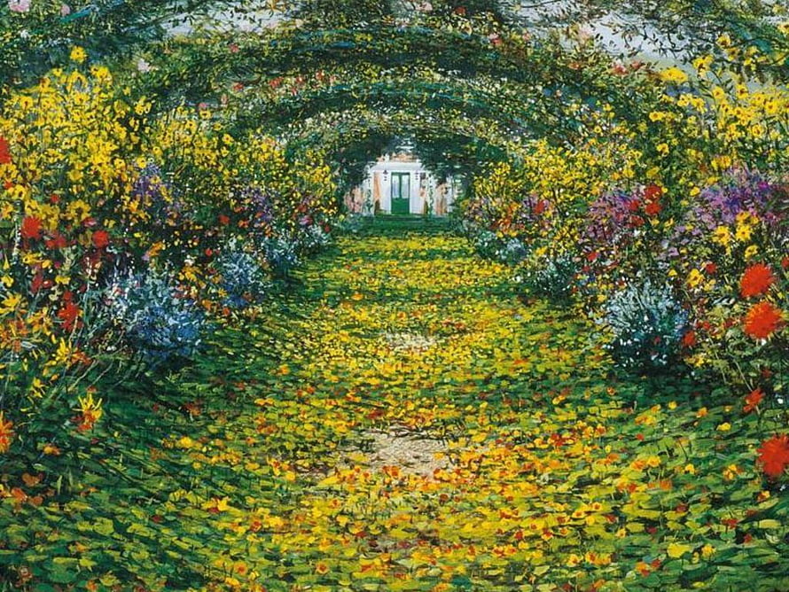 Claude Monet Impressionist Garden Path with Vibrant Yellow Flowers and Arched Trellis HD wallpaper