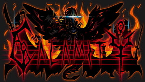 Terraria Calamity Mod Dark Fantasy Artwork with Fiery Wings and Glowing Text HD wallpaper