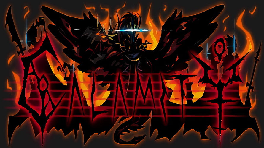 Terraria Calamity Mod Dark Fantasy Artwork with Fiery Wings and Glowing Text HD wallpaper