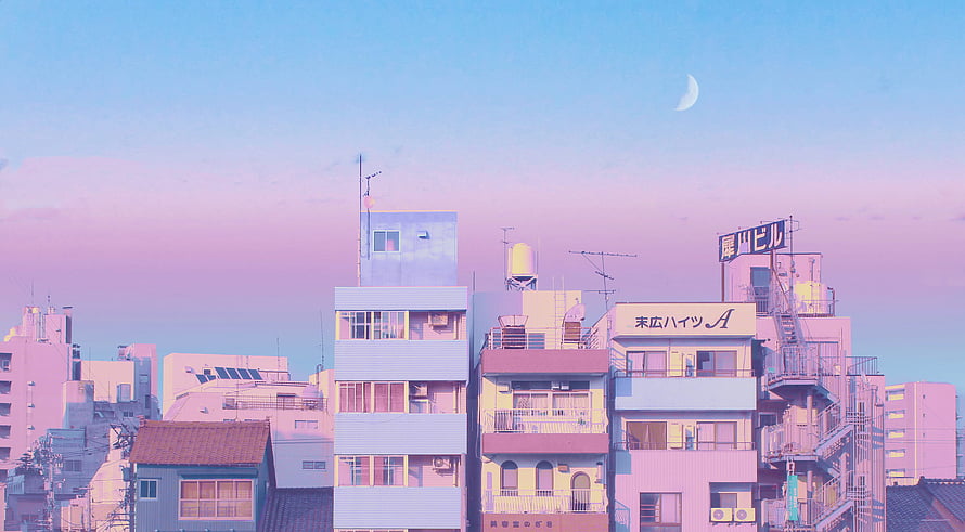 Pastel Japanese Cityscape at Dusk with Crescent Moon and Retro Aesthetic HD wallpaper