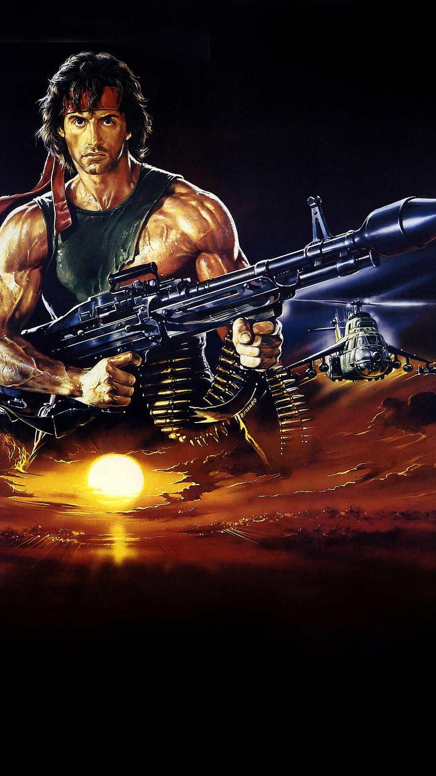 Rambo First Blood Part II Movie Poster Artwork Featuring Sylvester Stallone with Machine Gun and Helicopter at Sunset HD phone wallpaper