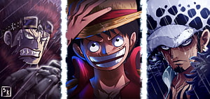 One Piece Straw Hat Luffy, Eustass Kid, and Trafalgar Law in Dramatic Rainy Anime Art HD wallpaper